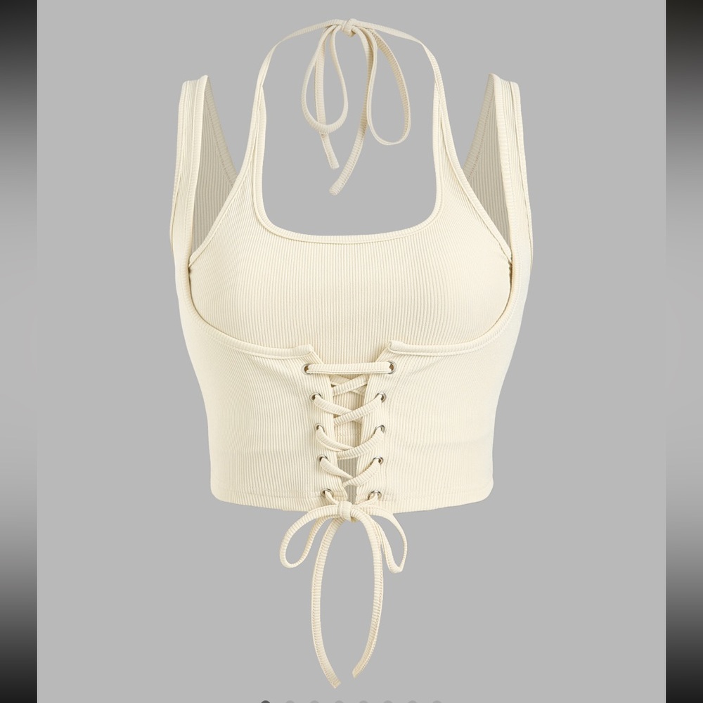 SOLID LACE UP RIB KNIT CORSET TOP